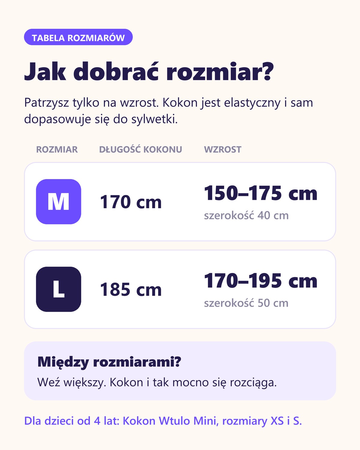 Kokon Wtulo – tabela rozmiarów M i L