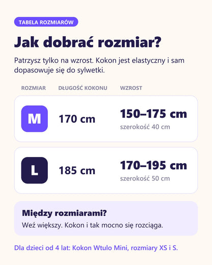 Kokon Wtulo – tabela rozmiarów M i L