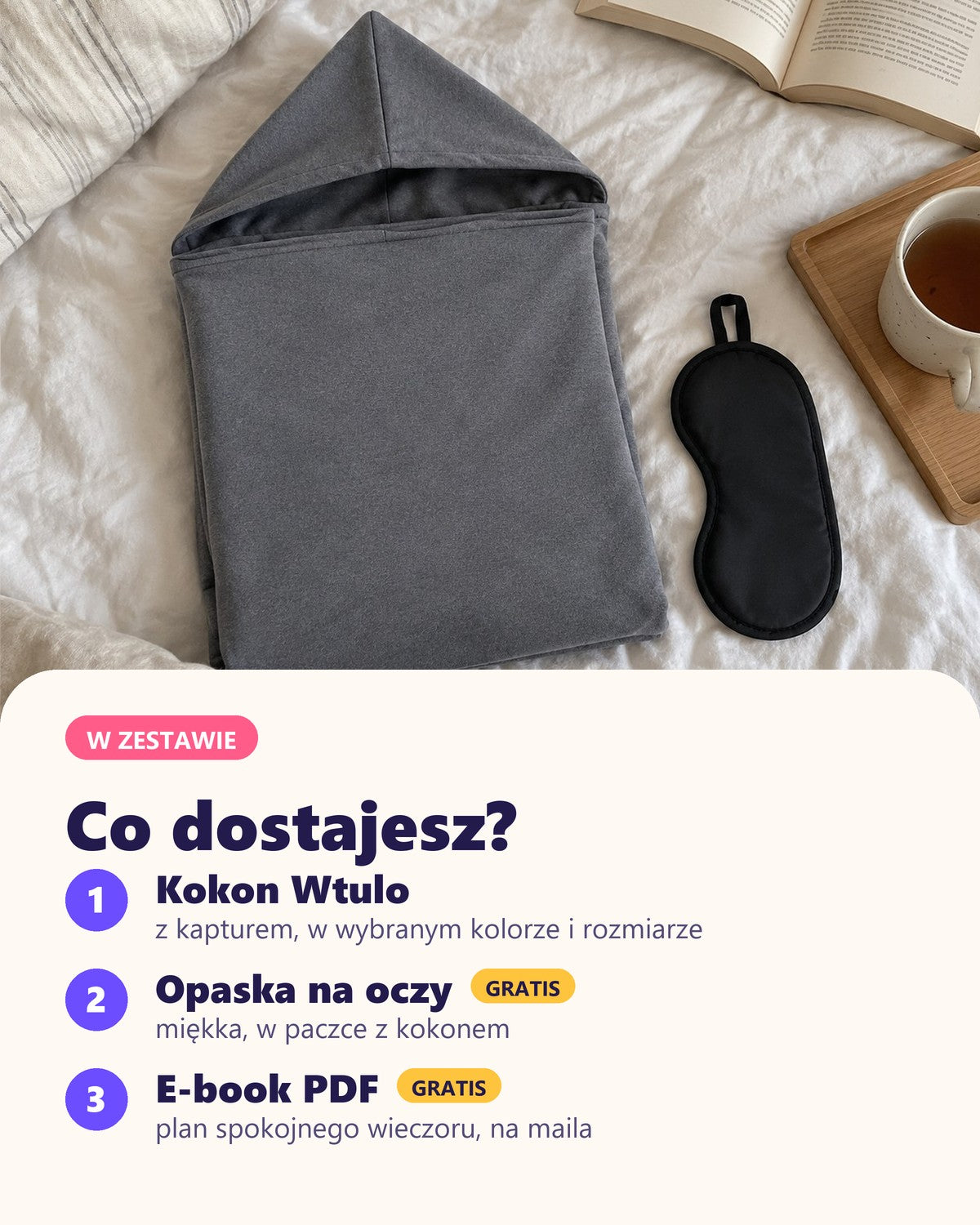 Wtulo – co jest w zestawie: kokon, opaska na oczy, e-book
